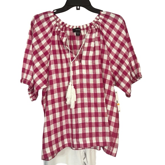 Karen Kane Line. Fuchsia Check Short Sleeve Top. - Picture 6 of 11